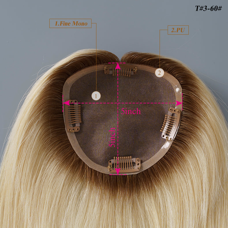 
                      
                        5x5 Mono Topper Hair| Platinum Blonde with Medium Brown Roots (#T3/60)
                      
                    